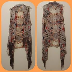 SOLD! Feather Printed Sleevless Kimono W/ Fringe